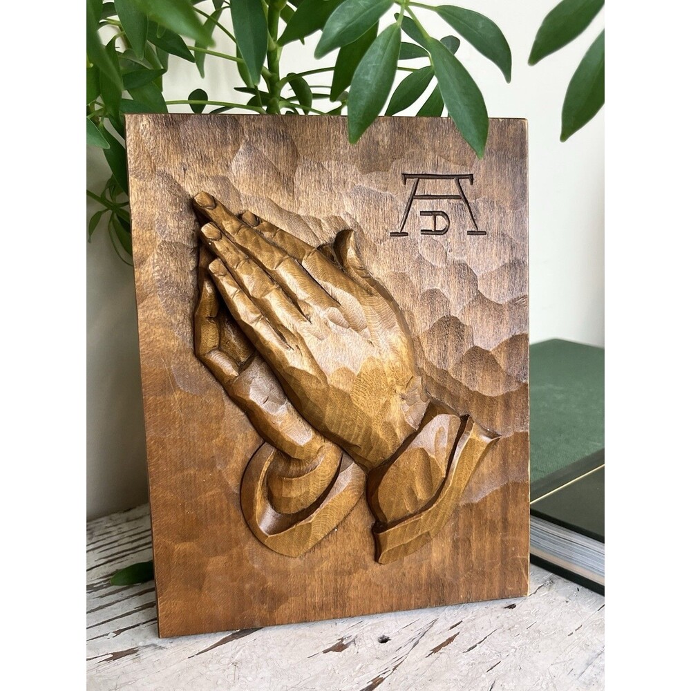 Vintage 1970's Spiritual Themed Wood Hand Carved Praying Hands 3D Relief 8"x 6”